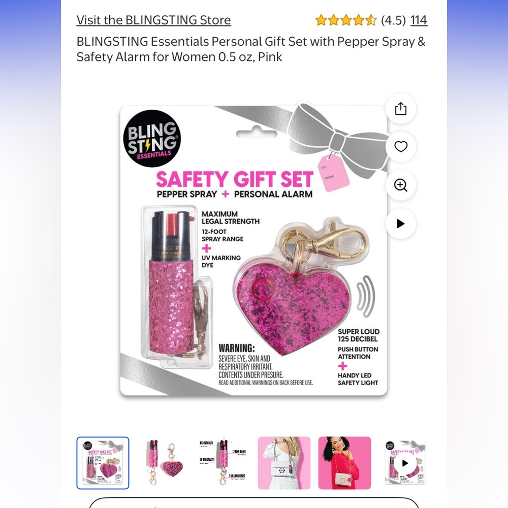 Pink glitter Bling Sting safety gift set personal alarm pepper spray keychain